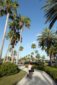 woman walking on a pathway with florida palm trees all around BFL82tRSi